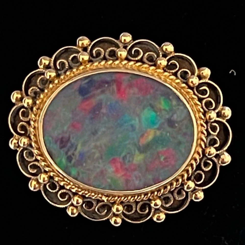 Single Large Harlequin Opal Filigree 14 KT Gold Vintage